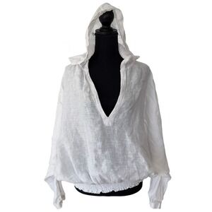 Antibes Blanc White 100% Linen V Neck Hooded Blouse Smocked Waist XL Coastal